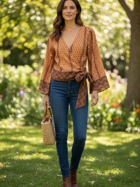 Simply Be Burnt Orange Wrap Blouse with Chevron Trim